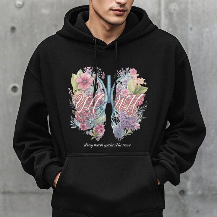 Christianartworkshop Farbiger Stil „Jeder Atemzug spricht seinen Namen“ Polyester-Kapuzenpullover mit Fleecefutter