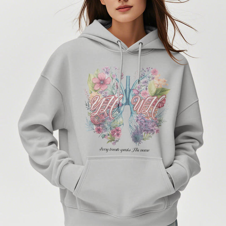 Christianartworkshop Farbiger Stil „Jeder Atemzug spricht seinen Namen“ Polyester-Kapuzenpullover mit Fleecefutter