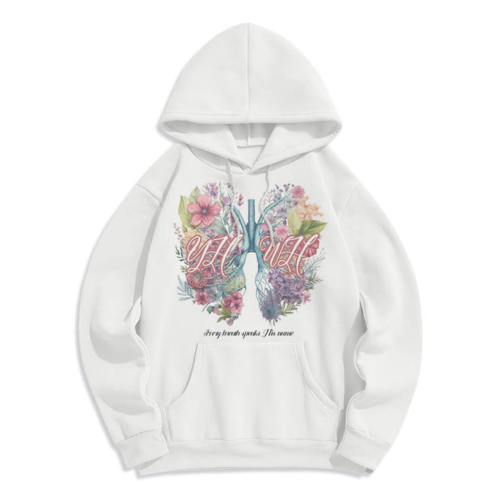 Christianartworkshop Farbiger Stil „Jeder Atemzug spricht seinen Namen“ Polyester-Kapuzenpullover mit Fleecefutter - Weiß - 2XL - image 0