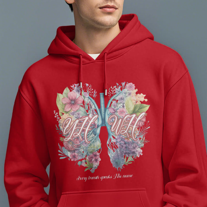 Christianartworkshop Farbiger Stil „Jeder Atemzug spricht seinen Namen“ Polyester-Kapuzenpullover mit Fleecefutter