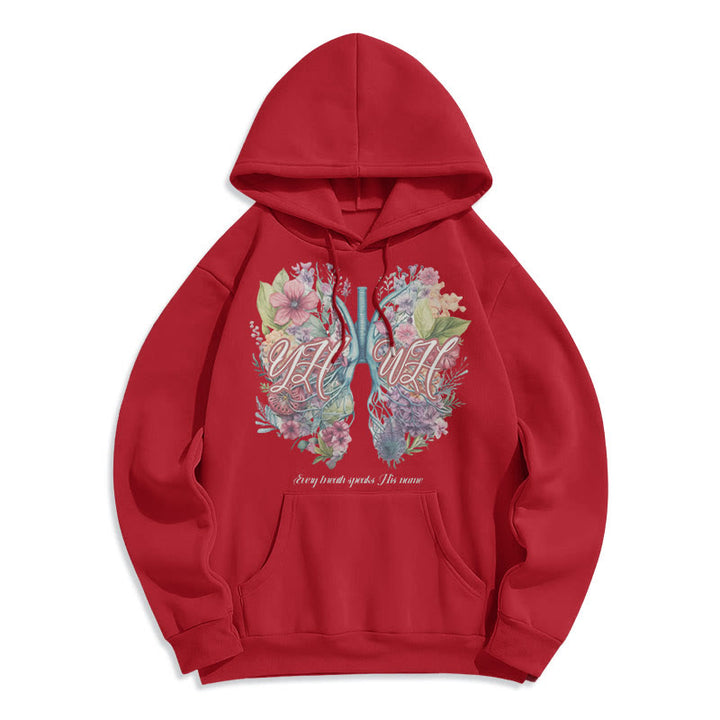 Christianartworkshop Farbiger Stil „Jeder Atemzug spricht seinen Namen“ Polyester-Kapuzenpullover mit Fleecefutter - Rot - 2XL - image 35