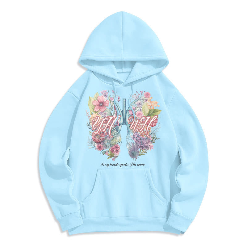 Christianartworkshop Farbiger Stil „Jeder Atemzug spricht seinen Namen“ Polyester-Kapuzenpullover mit Fleecefutter