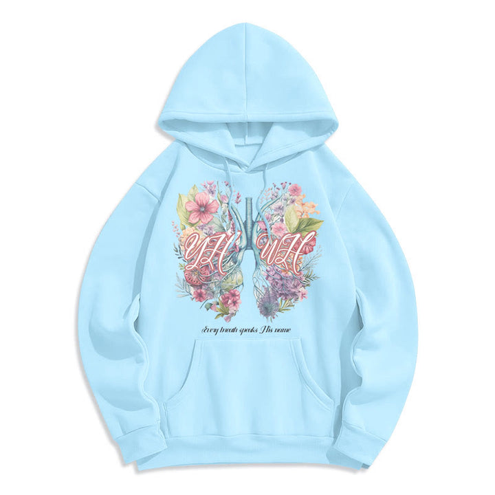 Christianartworkshop Farbiger Stil „Jeder Atemzug spricht seinen Namen“ Polyester-Kapuzenpullover mit Fleecefutter