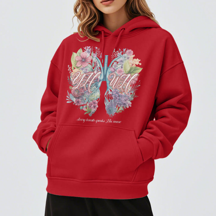 Christianartworkshop Farbiger Stil „Jeder Atemzug spricht seinen Namen“ Polyester-Kapuzenpullover mit Fleecefutter