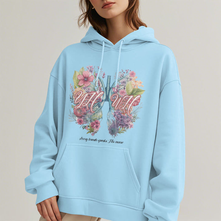 Christianartworkshop Farbiger Stil „Jeder Atemzug spricht seinen Namen“ Polyester-Kapuzenpullover mit Fleecefutter