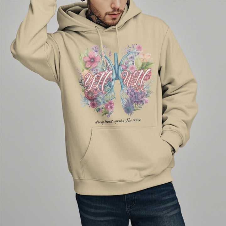 Christianartworkshop Farbiger Stil „Jeder Atemzug spricht seinen Namen“ Polyester-Kapuzenpullover mit Fleecefutter