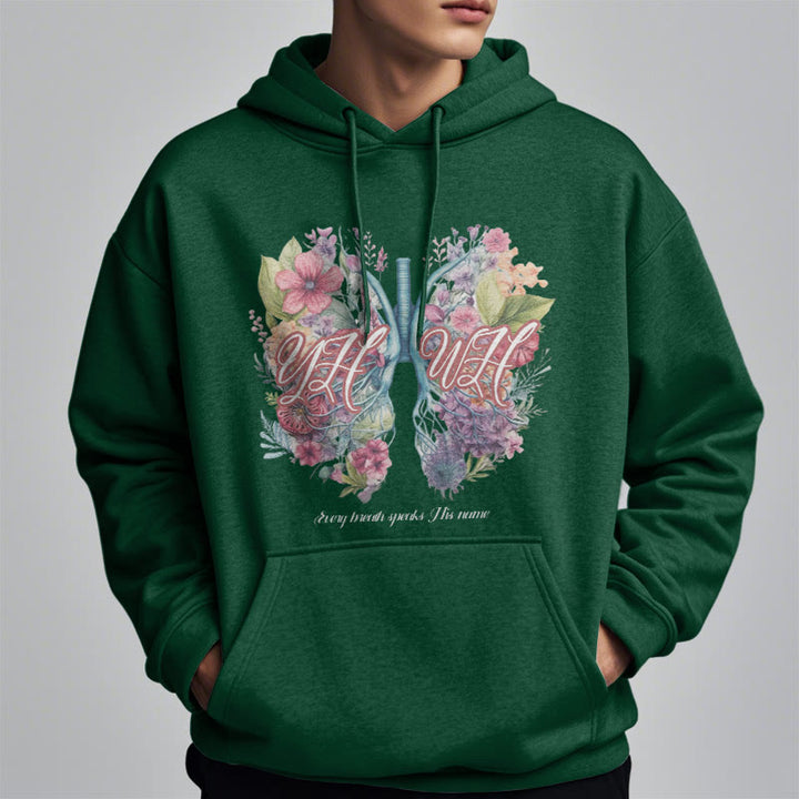 Christianartworkshop Farbiger Stil „Jeder Atemzug spricht seinen Namen“ Polyester-Kapuzenpullover mit Fleecefutter