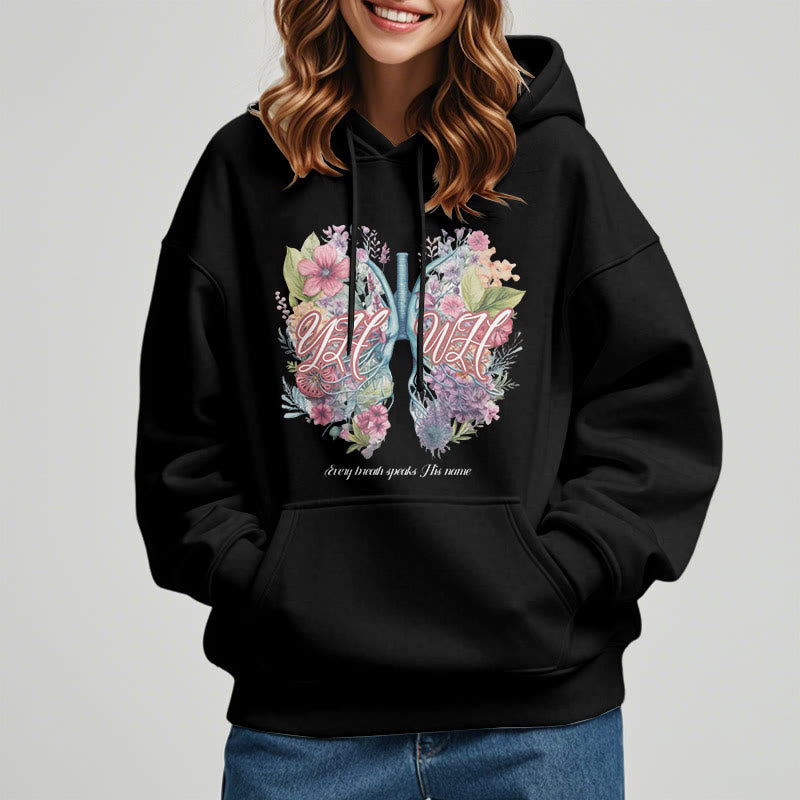Christianartworkshop Farbiger Stil „Jeder Atemzug spricht seinen Namen“ Polyester-Kapuzenpullover mit Fleecefutter