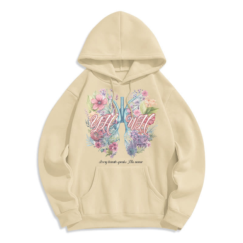 Christianartworkshop Farbiger Stil „Jeder Atemzug spricht seinen Namen“ Polyester-Kapuzenpullover mit Fleecefutter