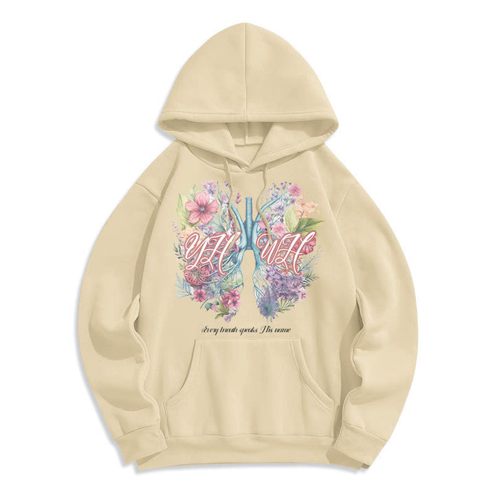 Christianartworkshop Farbiger Stil „Jeder Atemzug spricht seinen Namen“ Polyester-Kapuzenpullover mit Fleecefutter