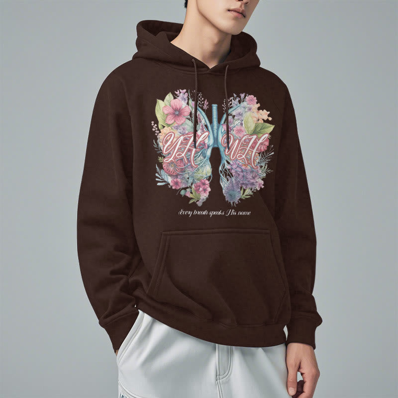 Christianartworkshop Farbiger Stil „Jeder Atemzug spricht seinen Namen“ Polyester-Kapuzenpullover mit Fleecefutter