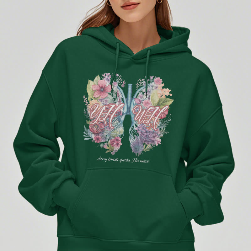 Christianartworkshop Farbiger Stil „Jeder Atemzug spricht seinen Namen“ Polyester-Kapuzenpullover mit Fleecefutter