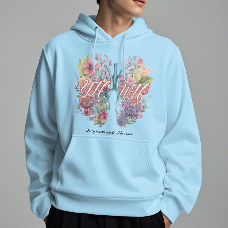 Christianartworkshop Farbiger Stil „Jeder Atemzug spricht seinen Namen“ Polyester-Kapuzenpullover mit Fleecefutter