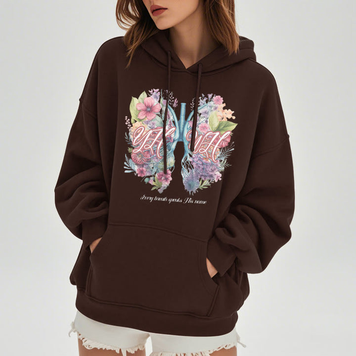 Christianartworkshop Farbiger Stil „Jeder Atemzug spricht seinen Namen“ Polyester-Kapuzenpullover mit Fleecefutter