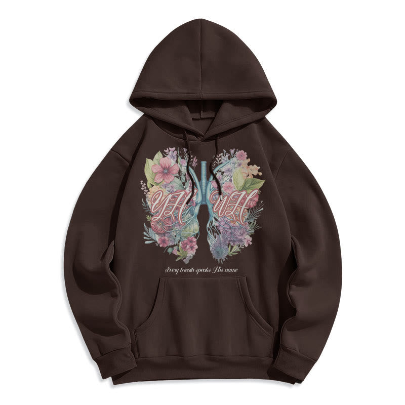 Christianartworkshop Farbiger Stil „Jeder Atemzug spricht seinen Namen“ Polyester-Kapuzenpullover mit Fleecefutter