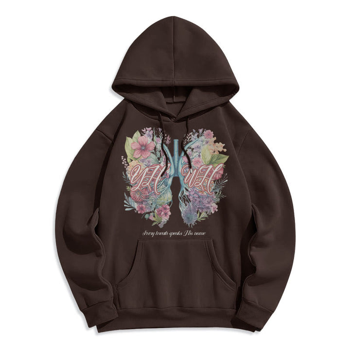 Christianartworkshop Farbiger Stil „Jeder Atemzug spricht seinen Namen“ Polyester-Kapuzenpullover mit Fleecefutter