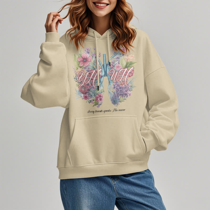 Christianartworkshop Farbiger Stil „Jeder Atemzug spricht seinen Namen“ Polyester-Kapuzenpullover mit Fleecefutter