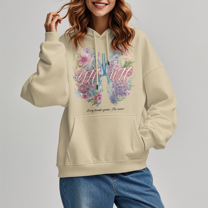 Christianartworkshop Farbiger Stil „Jeder Atemzug spricht seinen Namen“ Polyester-Kapuzenpullover mit Fleecefutter