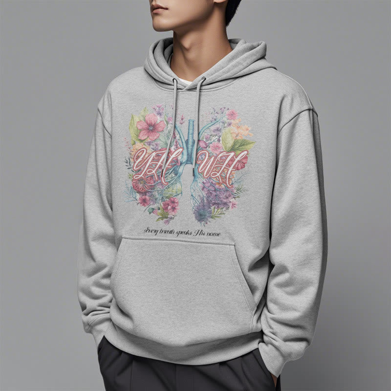 Christianartworkshop Farbiger Stil „Jeder Atemzug spricht seinen Namen“ Polyester-Kapuzenpullover mit Fleecefutter
