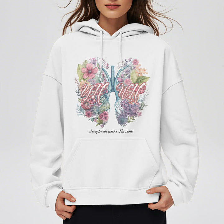 Christianartworkshop Farbiger Stil „Jeder Atemzug spricht seinen Namen“ Polyester-Kapuzenpullover mit Fleecefutter