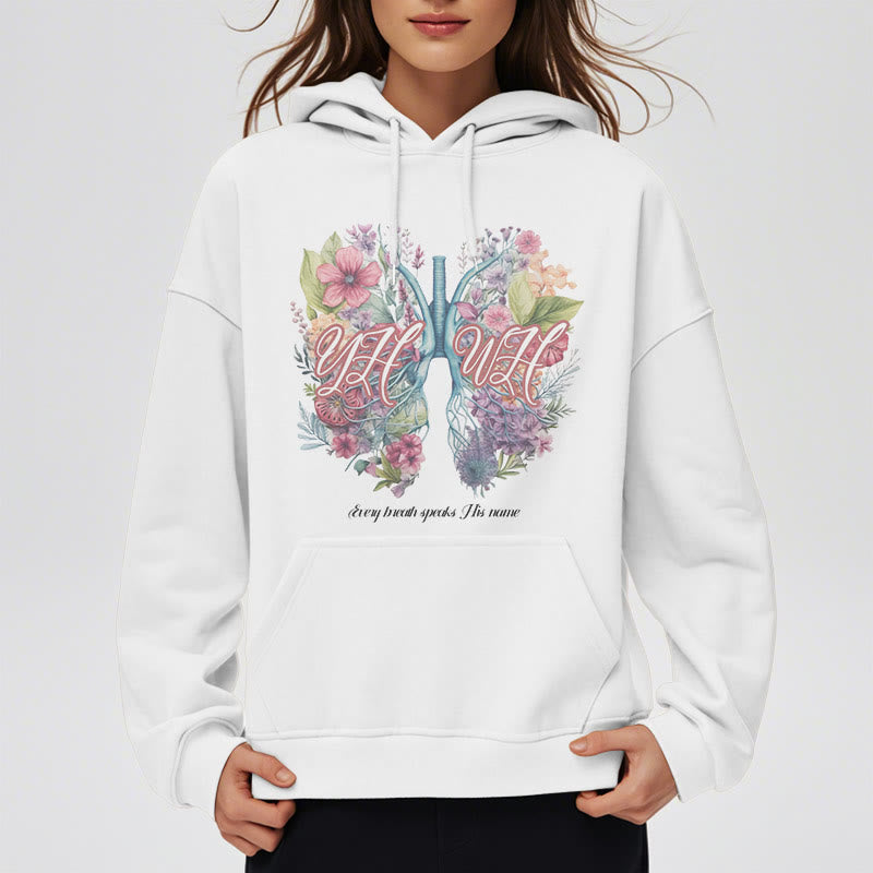 Christianartworkshop Farbiger Stil „Jeder Atemzug spricht seinen Namen“ Polyester-Kapuzenpullover mit Fleecefutter - image 1