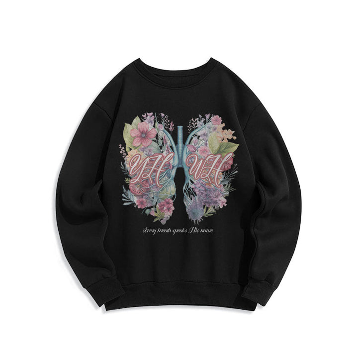Christianartworkshop Farbiger Stil „Jeder Atemzug spricht seinen Namen“ Polyester-Sweatshirt mit Fleecefutter