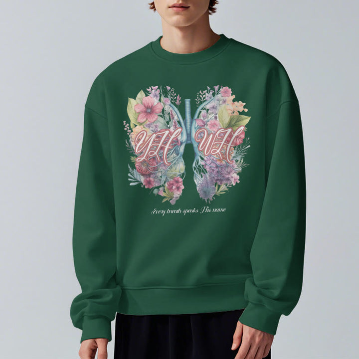Christianartworkshop Farbiger Stil „Jeder Atemzug spricht seinen Namen“ Polyester-Sweatshirt mit Fleecefutter