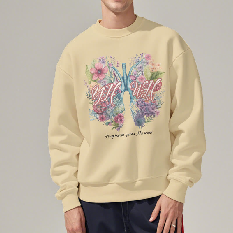 Christianartworkshop Farbiger Stil „Jeder Atemzug spricht seinen Namen“ Polyester-Sweatshirt mit Fleecefutter