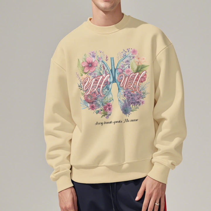 Christianartworkshop Farbiger Stil „Jeder Atemzug spricht seinen Namen“ Polyester-Sweatshirt mit Fleecefutter