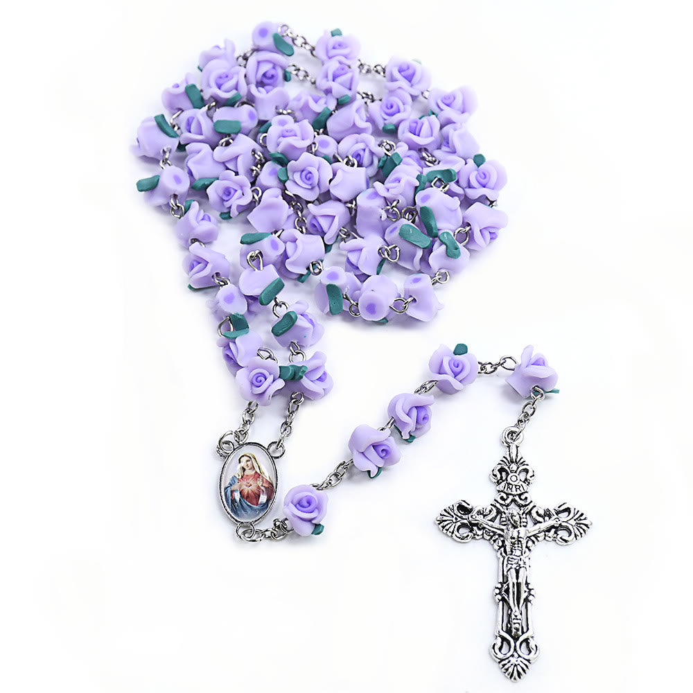 Christianartworkshop Rosenkranzkette mit dem Unbefleckten Herzen Mariens und Kruzifix aus 6 x 8 mm Rosen, mehrfarbig, Polymer-Ton-Legierung - image 5