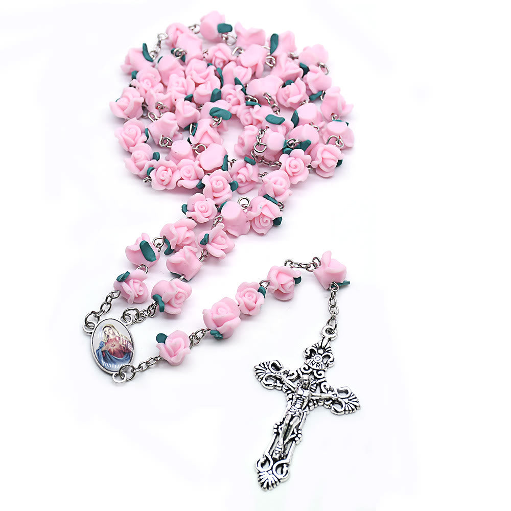 Christianartworkshop Rosenkranzkette mit dem Unbefleckten Herzen Mariens und Kruzifix aus 6 x 8 mm Rosen, mehrfarbig, Polymer-Ton-Legierung - Rosa - image 4