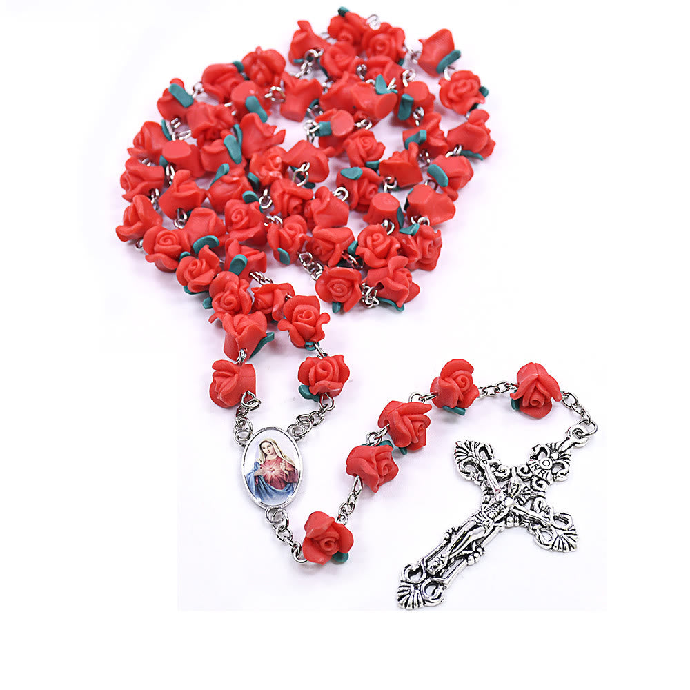 Christianartworkshop Rosenkranzkette mit dem Unbefleckten Herzen Mariens und Kruzifix aus 6 x 8 mm Rosen, mehrfarbig, Polymer-Ton-Legierung - Rot - image 1
