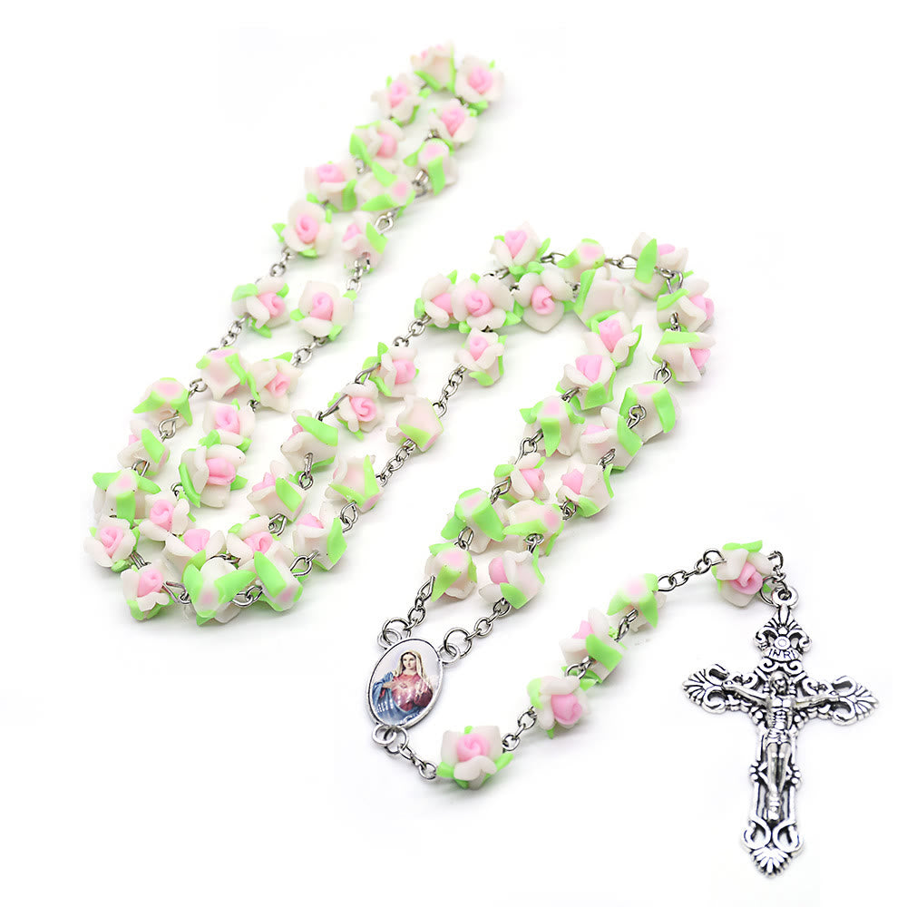 Christianartworkshop Rosenkranzkette mit dem Unbefleckten Herzen Mariens und Kruzifix aus 6 x 8 mm Rosen, mehrfarbig, Polymer-Ton-Legierung - image 2