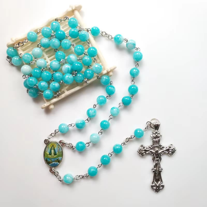 Christianartworkshop Rosenkranzkette mit Jungfrau Maria und Kruzifix, 8 mm rund, blauer Stein, Legierung