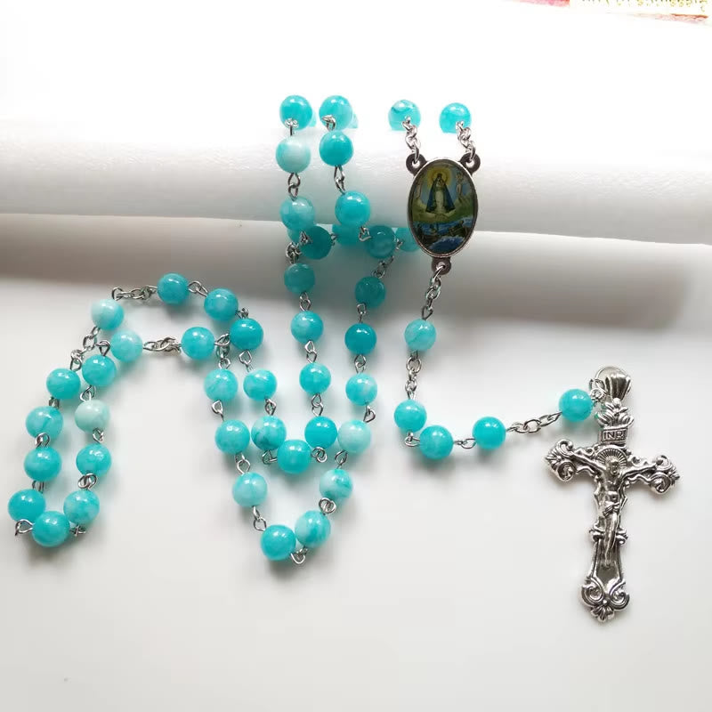 Christianartworkshop Rosenkranzkette mit Jungfrau Maria und Kruzifix, 8 mm rund, blauer Stein, Legierung