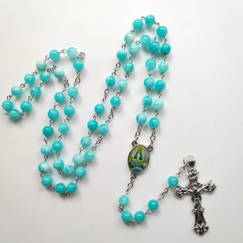 Christianartworkshop Rosenkranzkette mit Jungfrau Maria und Kruzifix, 8 mm rund, blauer Stein, Legierung