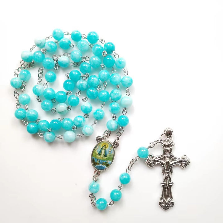 Christianartworkshop Rosenkranzkette mit Jungfrau Maria und Kruzifix, 8 mm rund, blauer Stein, Legierung