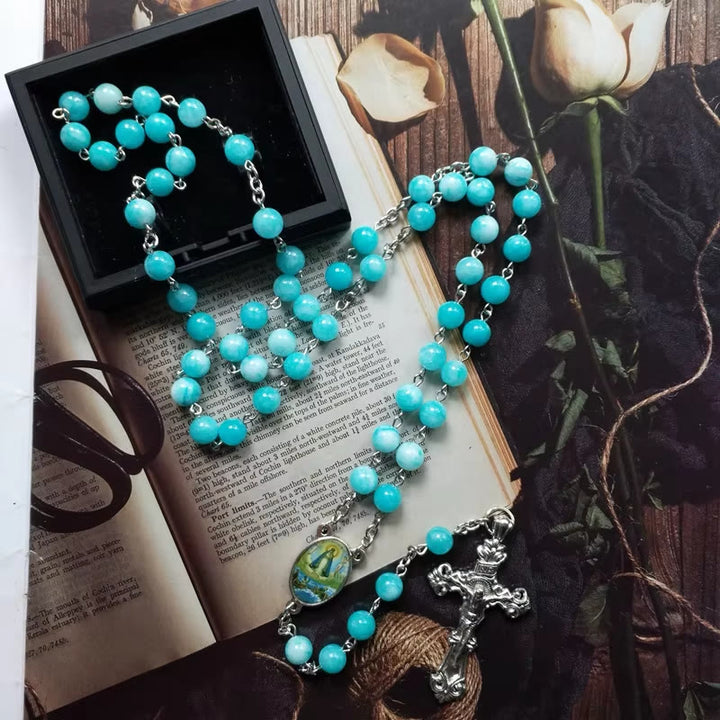 Christianartworkshop Rosenkranzkette mit Jungfrau Maria und Kruzifix, 8 mm rund, blauer Stein, Legierung