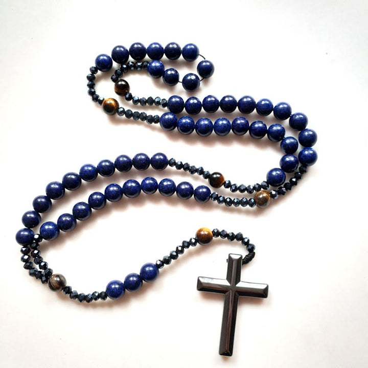 Christianartworkshop Kreuz aus 4 x 8 mm rundem blauem Hämatit und Blaustein, Nylonschnur, Rosenkranz