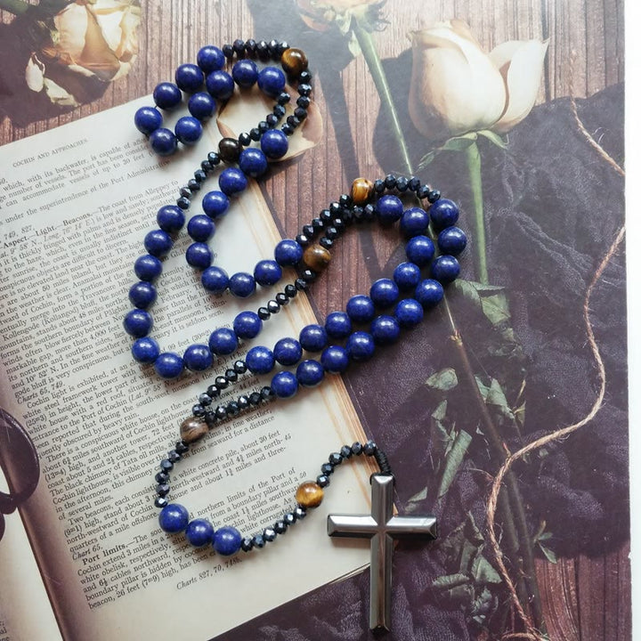 Christianartworkshop Kreuz aus 4 x 8 mm rundem blauem Hämatit und Blaustein, Nylonschnur, Rosenkranz