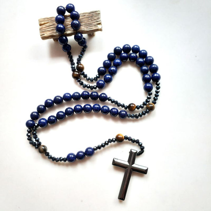 Christianartworkshop Kreuz aus 4 x 8 mm rundem blauem Hämatit und Blaustein, Nylonschnur, Rosenkranz