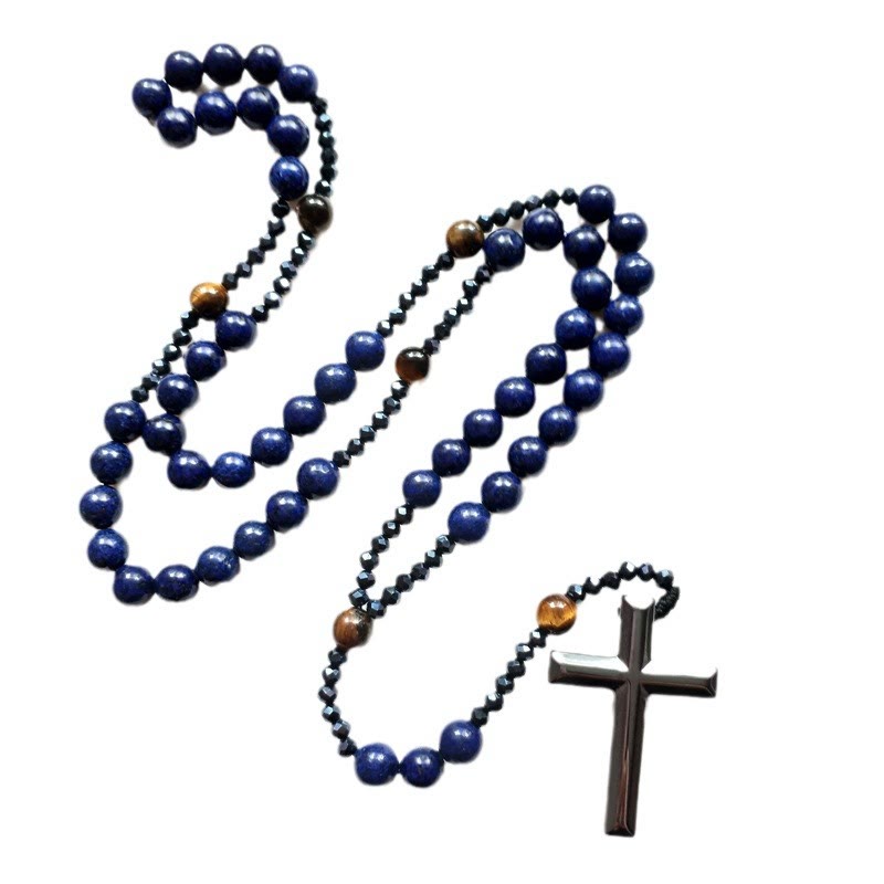 Christianartworkshop Kreuz aus 4 x 8 mm rundem blauem Hämatit und Blaustein, Nylonschnur, Rosenkranz