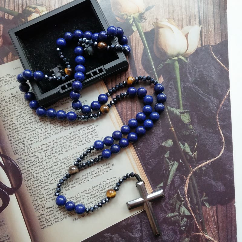 Christianartworkshop Kreuz aus 4 x 8 mm rundem blauem Hämatit und Blaustein, Nylonschnur, Rosenkranz