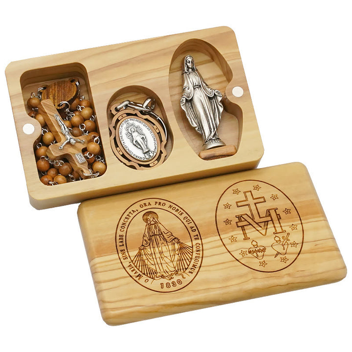Christianartworkshop Klassischer Stil Andachts-Rosenkranz-Set aus Olivenholz mit der Jungfrau Maria