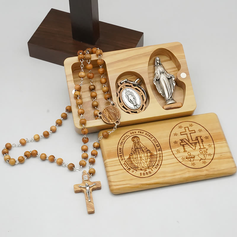 Christianartworkshop Klassischer Stil Andachts-Rosenkranz-Set aus Olivenholz mit der Jungfrau Maria - image 1