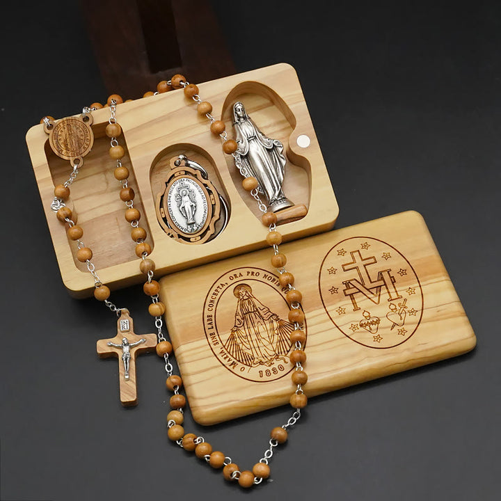 Christianartworkshop Klassischer Stil Andachts-Rosenkranz-Set aus Olivenholz mit der Jungfrau Maria