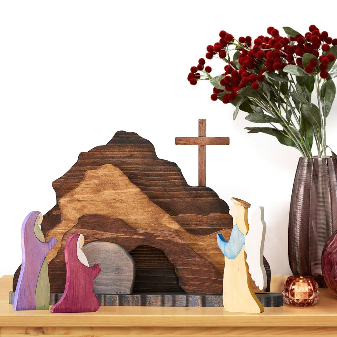 Christianartworkshop Moderner Stil, farbenfrohe Holzornamente mit der Auferstehung Jesu Christi