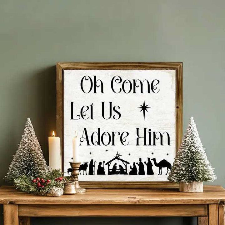Christianartworkshop Klassischer Stil: „Oh Come Let Us Adore Him“, Weihnachtskrippe, Holzschild, Ornamente