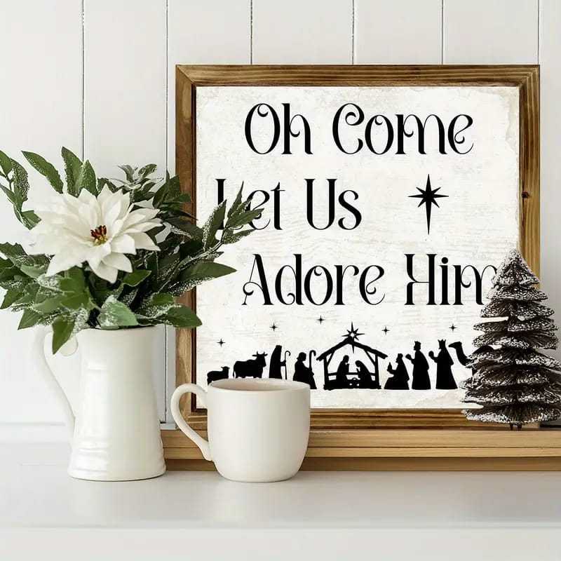 Christianartworkshop Klassischer Stil: „Oh Come Let Us Adore Him“, Weihnachtskrippe, Holzschild, Ornamente - image 3