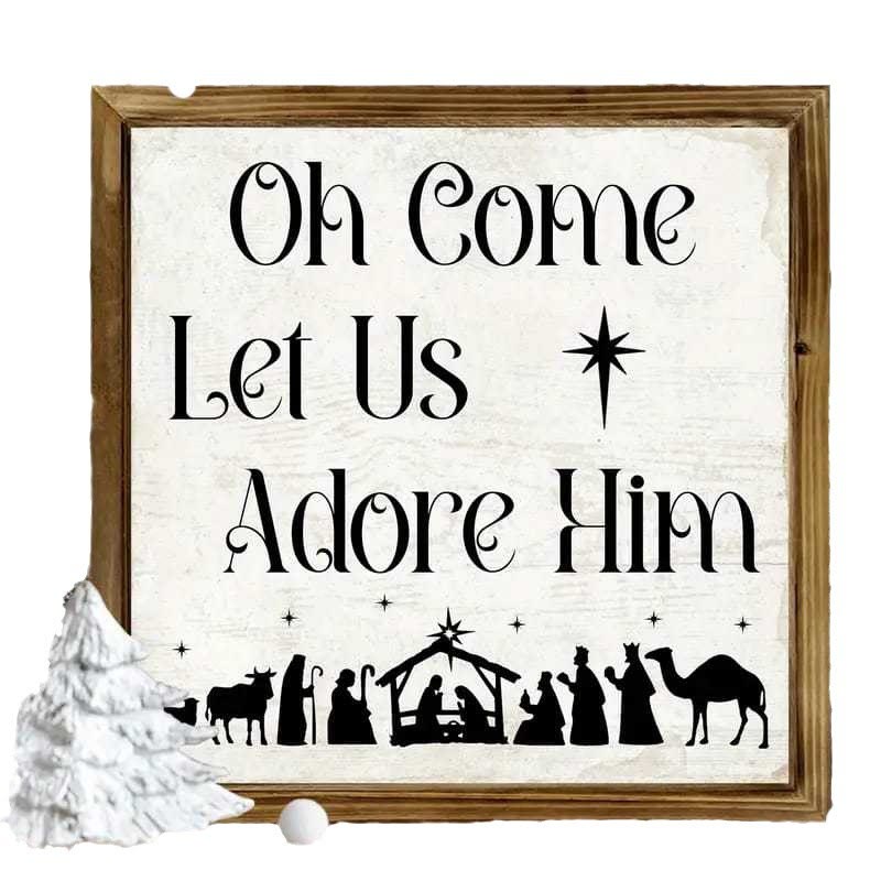 Christianartworkshop Klassischer Stil: „Oh Come Let Us Adore Him“, Weihnachtskrippe, Holzschild, Ornamente